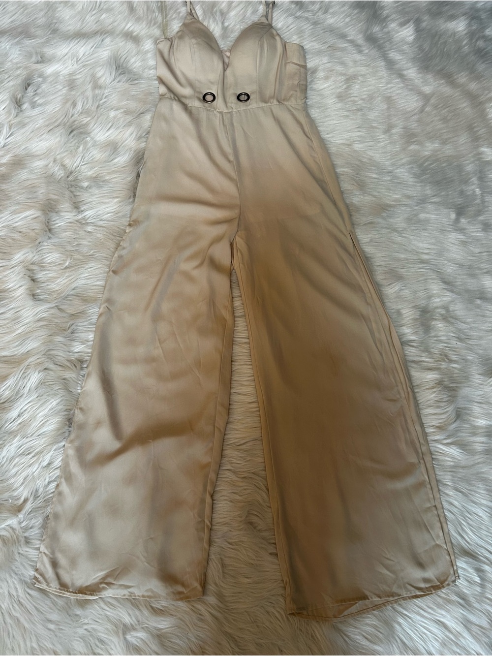 Entry Beige Wide-Leg Jumpsuit with Ring Accents